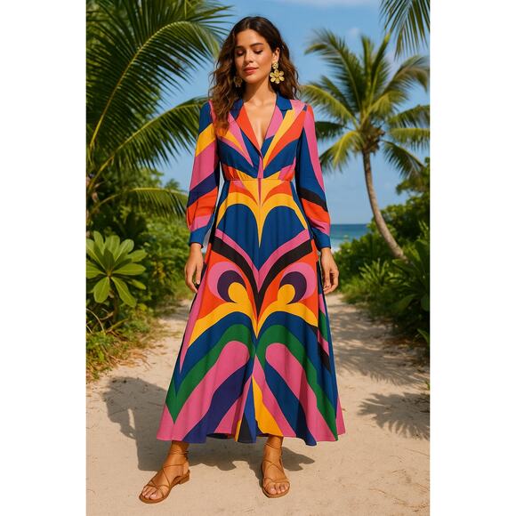 FARM Rio Graphic Heart Maxi Dress Long Sleeve V-Neck Colorful Large Multi - Picture 1 of 11